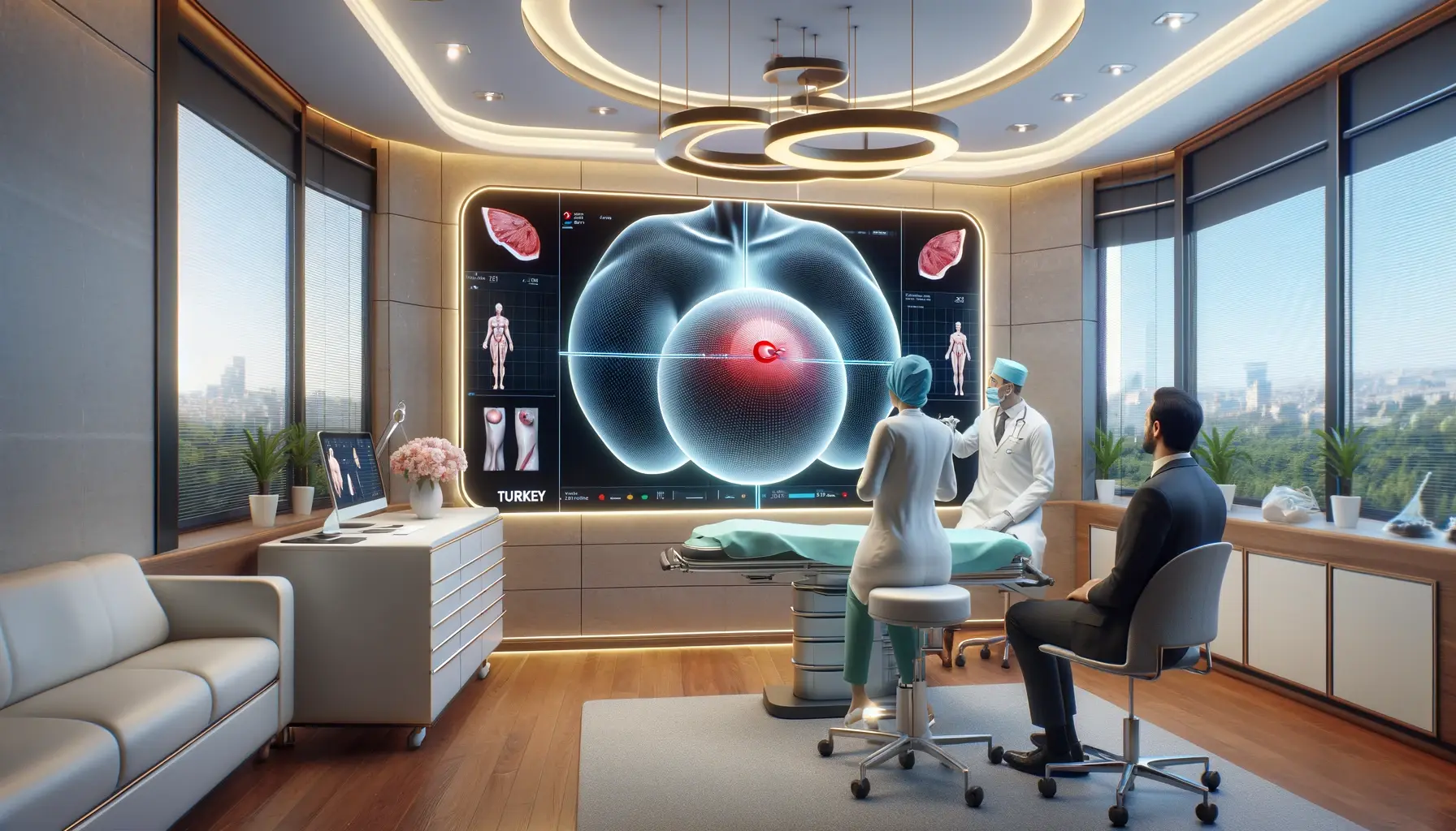 A consultation room in Turkey for plastic surgery, where a surgeon is using advanced 3D imaging technology to simulate and plan a procedure with a patient.